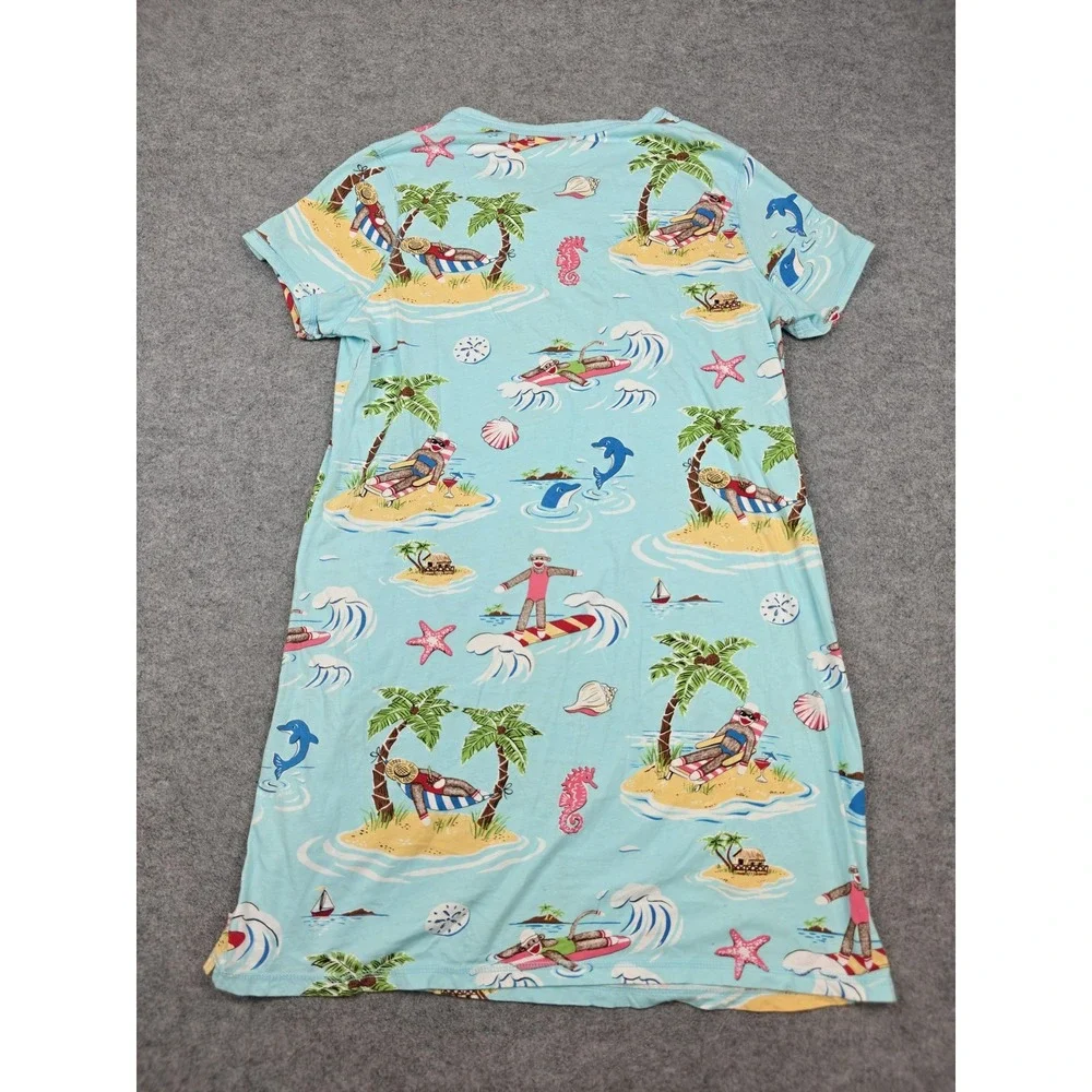 Nick & Nora Sleepshirt Womens XXL Blue Sock Monkey Tropical Print Henley - Picture 4 of 7